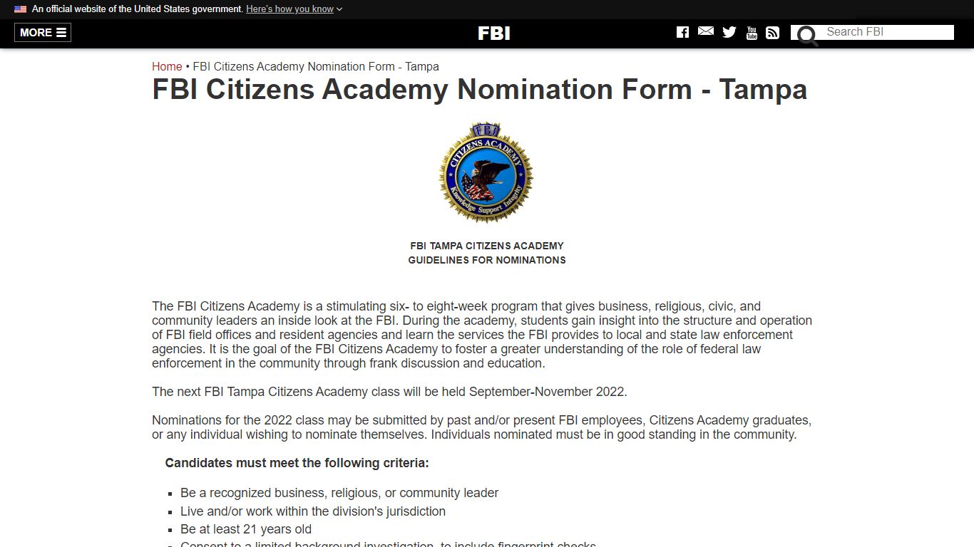 FBI Citizens Academy Nomination Form - Tampa